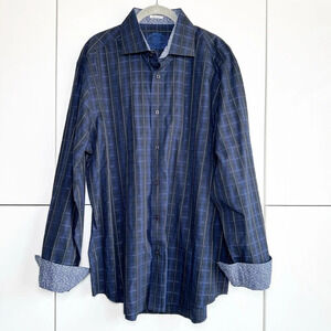 Bugatchi Mens Dress Shirts Black and Blue Plaid Contrast Cuff Print Size XL